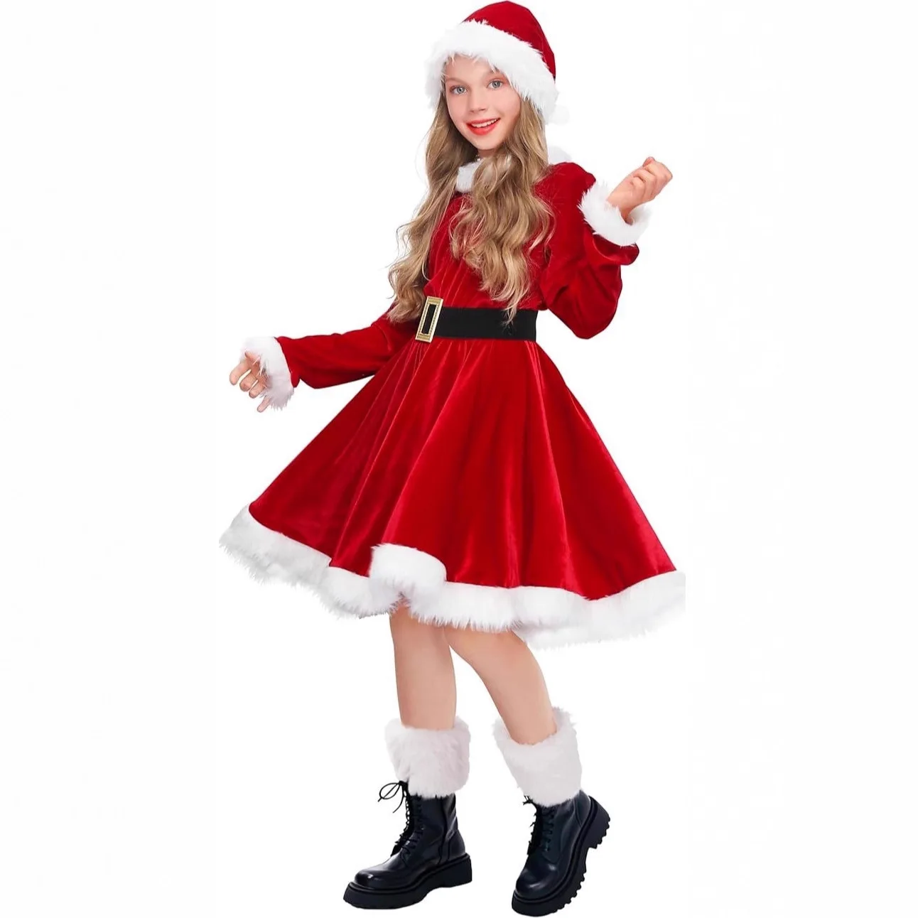 

Kids Girls Christmas Dress Red Velvet Plush Long Sleeve Santa Hat Dresses Belt Christmas Costumes Party 2025 New Year Xmas Dress