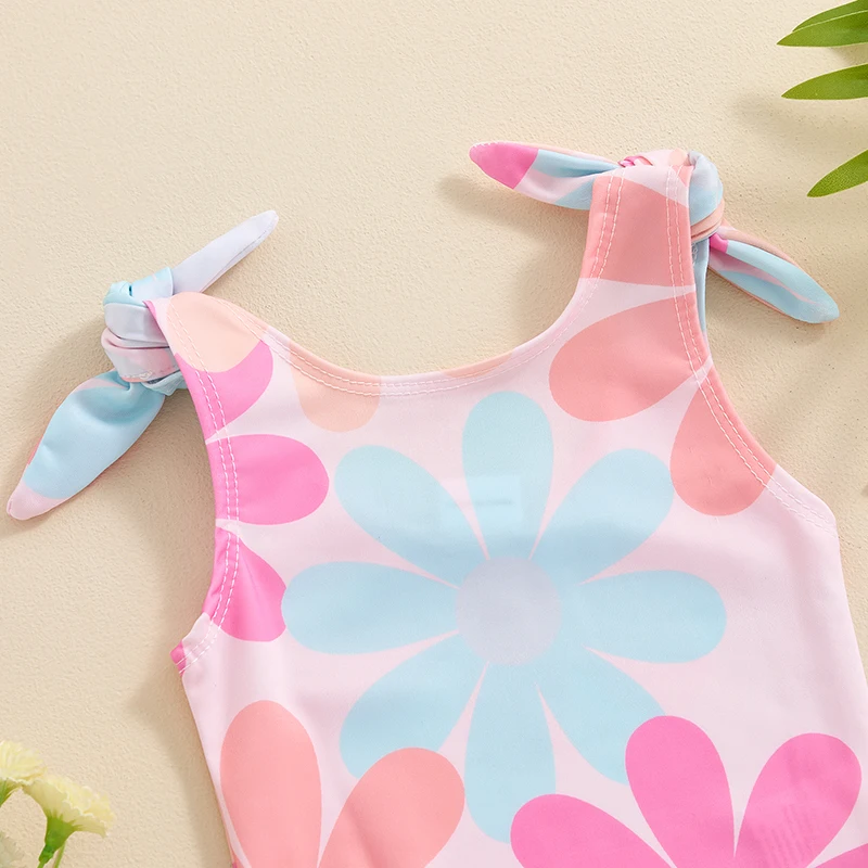 3M-24M Cute Baby Girl Swimsuit With Floral Print  Sleeveless  Knotted Shoulder Strap  U-Neck Floral Print Swimsuit