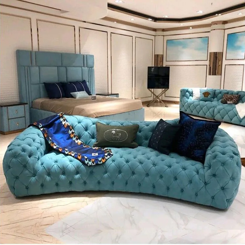 vg-Italian Normcore Pull-Button Sofa Set American Luxury House Living Room Moon Surface Leather Sofa&