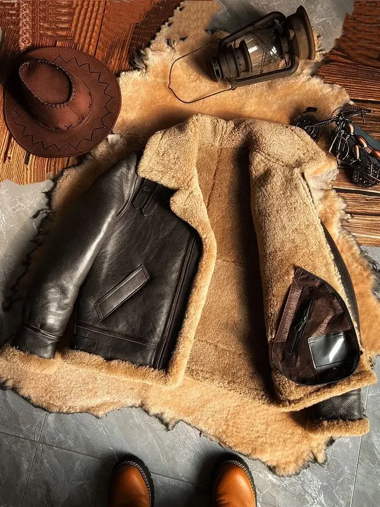 New Fashion 2024 Men\'s Winter Coat Genuine Leather Natural Sheepskin Shearling Jacket Thick Wool Liner Brown Plus Size XXXXXXL