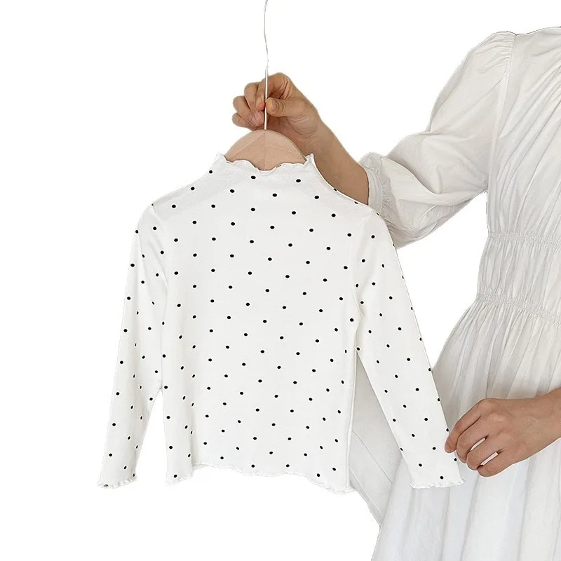 Girls Spring Autumn Long Sleeve Tee Ruffle Collar Kids Dotted Printed Basic Top
