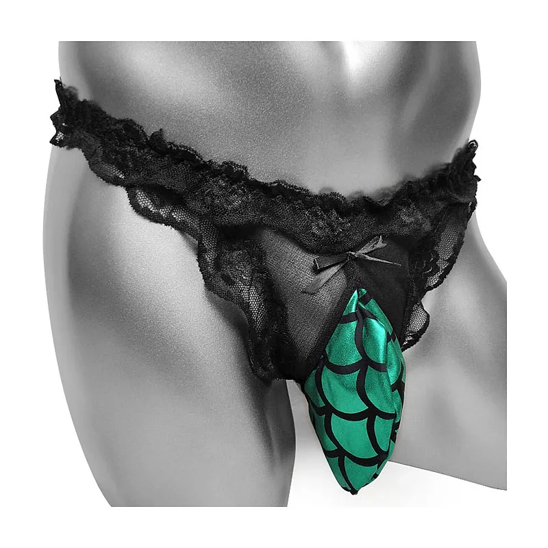 

Lace Sissy G String Men Thong Underwear Fish-Scale Bugle Pouch Open Back Lacework Sexy Gay Lingerie