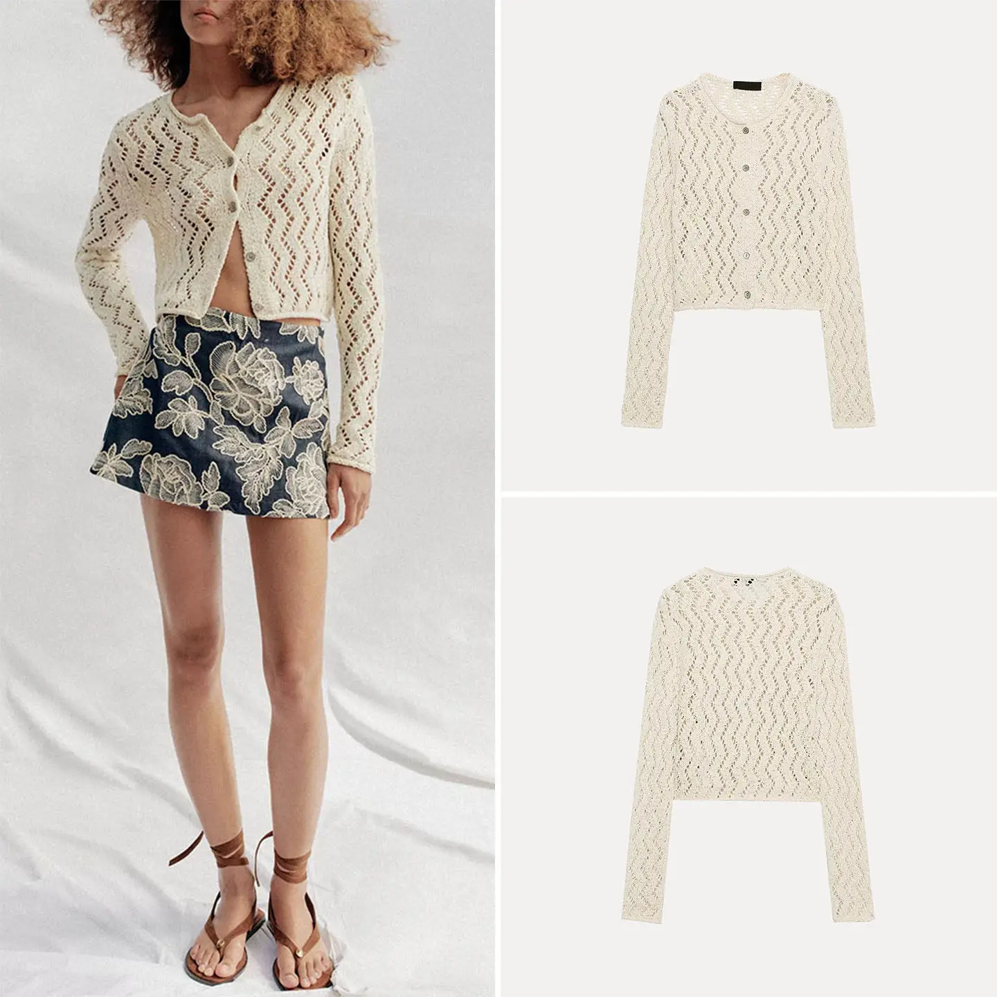 

Zadata Women's Knitted Hollow out Long Sleeve round Neck Z-Shaped Jacket Summer 2026 Neutral Style Short Length Shirt
