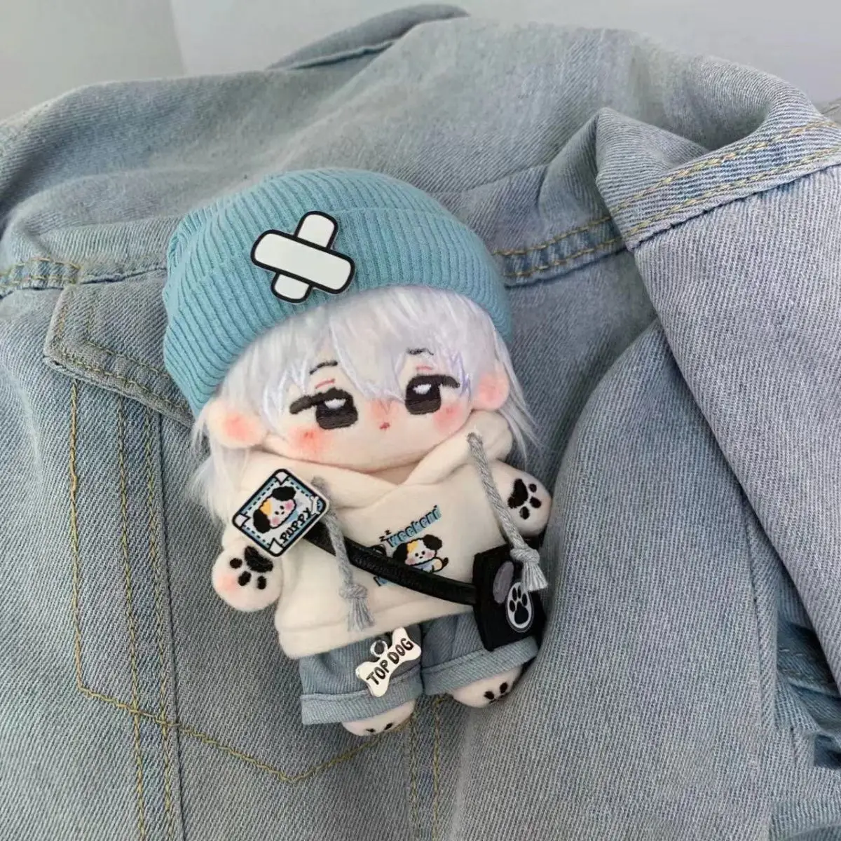 10cm Cotton Doll Clothes, Cute Puppy Hoodie Outfit Set with Hat & Small Bag, Dog Themed Plush Doll Dress Up Wardrobe, Kawaii Gif