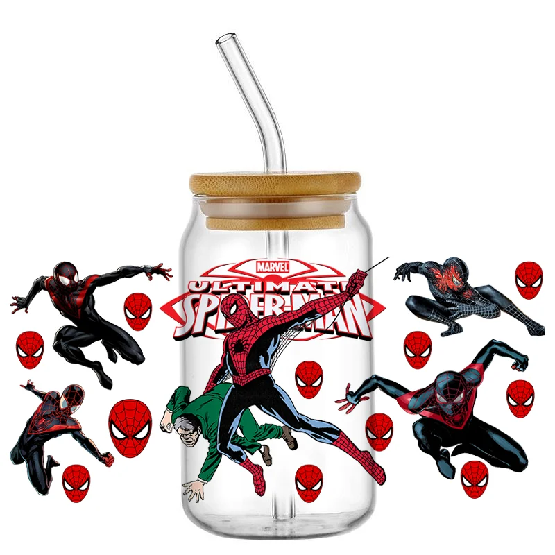 Miniso تصميم جديد الرجل العنكبوت أبطال السوبر UV DTF ملصق مائي ل 16 أوقية Libbey الزجاج يمكن كوب uvdtf القهوة سيارة ثلاثية الأبعاد ملصق DIY بها بنفسك