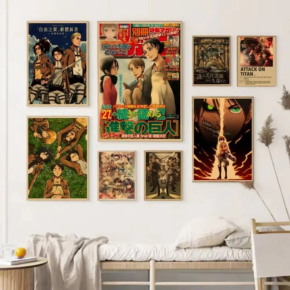 Póster de Anime Japonés Ataque a los Titanes, Adhesivo, Impermeable, Decoración de Pared para Cafetería, Bar o Habitación
