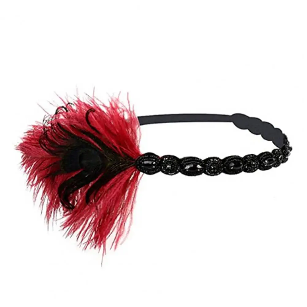 Secure Headband Vintage Gatsby Party Black Rhinestone Headband for Women 1920s Flapper Prom Hair Band with Feather Headpiece