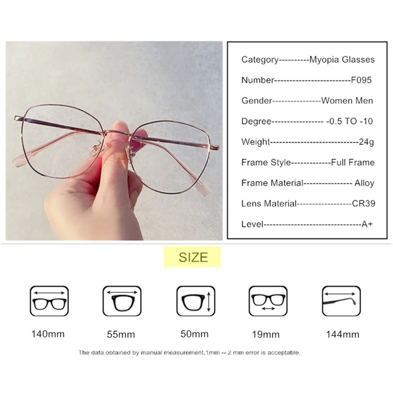 Myopia Prescription Glasses -0.5 to -10 Women Men Alloy Frame Blue Light Blocking Or Photochromic Nearsighted Eyeglasses F095