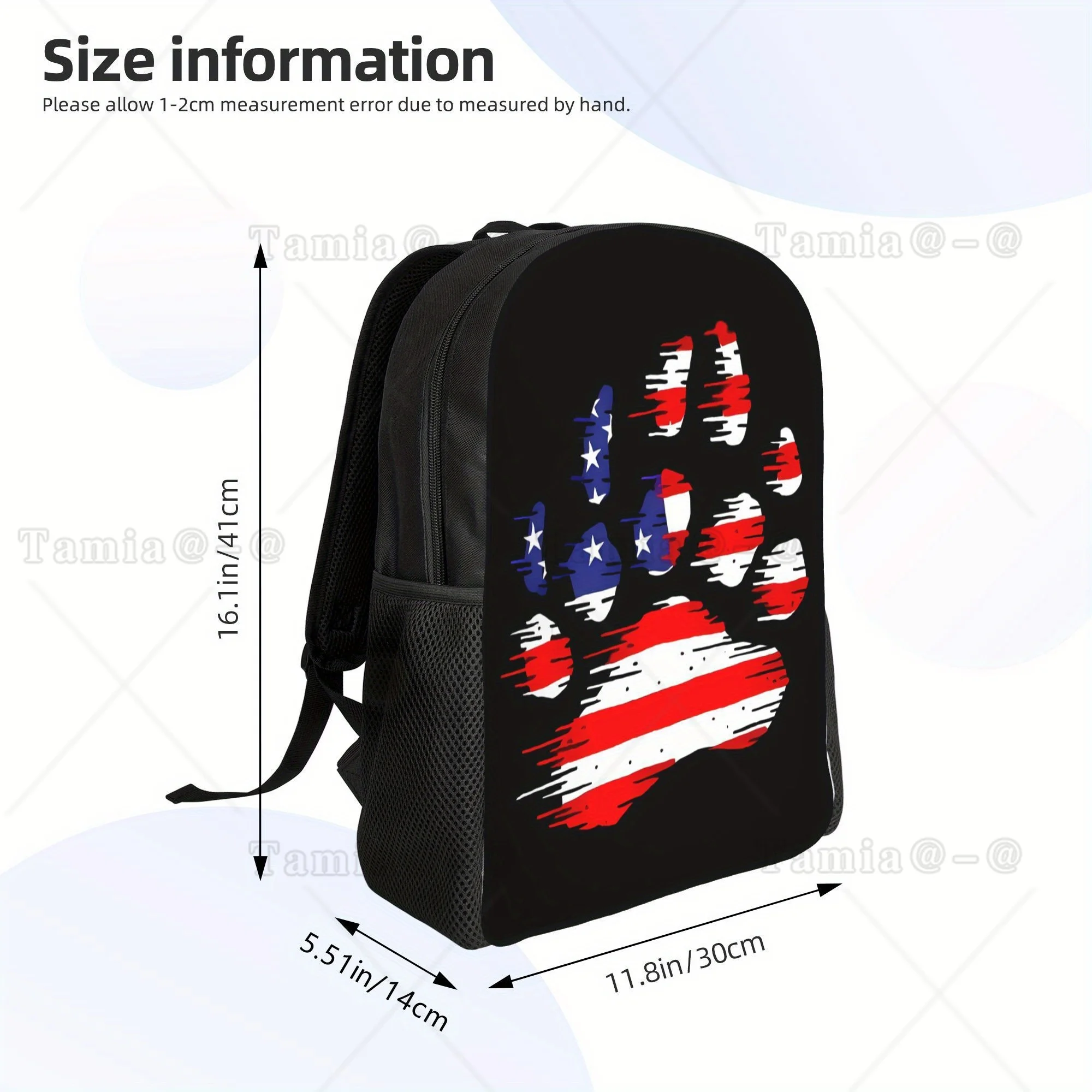 Black Background USA Paw Print Backpack, Patriotic Animal Paw Casual Outdoor Backpack