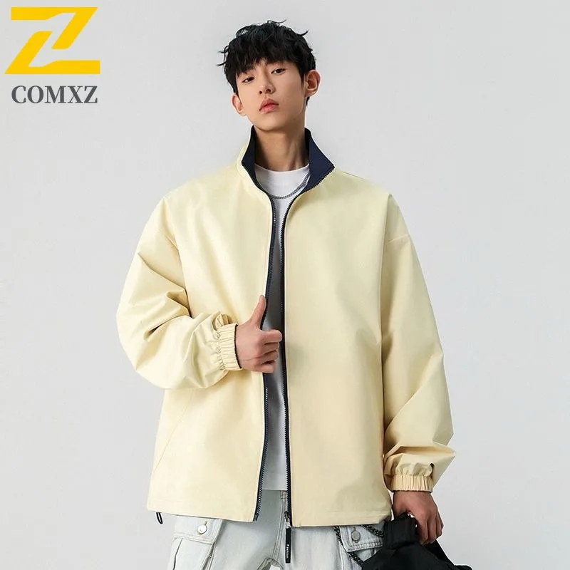 سترة رجالية كاجوال بياقة واقفة من COMXZ سترات ركوب الدراجات النارية مقاومة للرياح لون نقي معطف خريفي مريح حضري #2