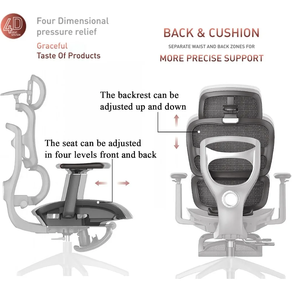 كرسي مكتب مريح، كرسي كمبيوتر شبكي عالي الظهر مع مسند رأس ثلاثي الأبعاد، دعم قطني قابل للتعديل، 145 °   الميل، مساند للذراعين ثلاثية الأبعاد، دوارة