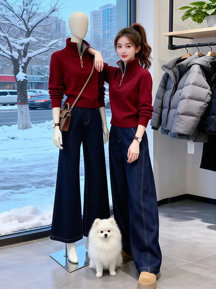 

Red f Zipper Stand Collar Long Sve Knitted Sweater Women's Inner Wear Casual Loose Fit Comfortable Autumn Winter New Sle