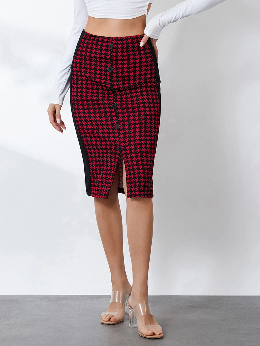 

Women s Elegant Midi Skirt Houndstooth Print High Waist Slit Hem Pencil Skirt for Work Party