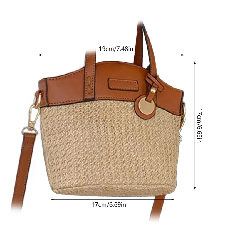 Woven Straw Crossbody Bucket Bag Top Handle Colorblock Spliced Handbag for Women 066F