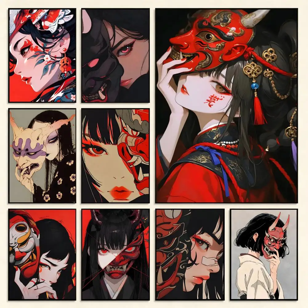 Art Concept Oni Mask Girl Poster Digital Solvent Print Waterproof PP Fade-Resistant Wall Art Room Decor Gift