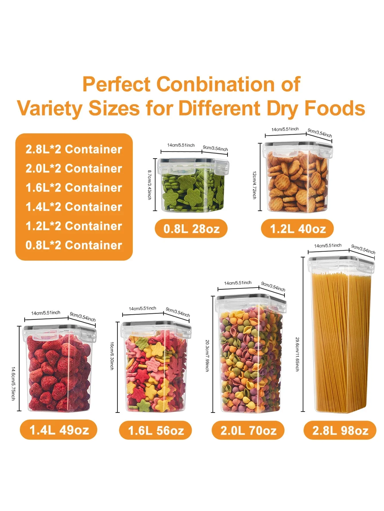 12 قطعة من حاويات تخزين الطعام المحكمة الغلق، حاويات معكرونة سباغيتي بلاستيكية مع أغطية سهلة القفل، لتنظيم مخزن المطبخ