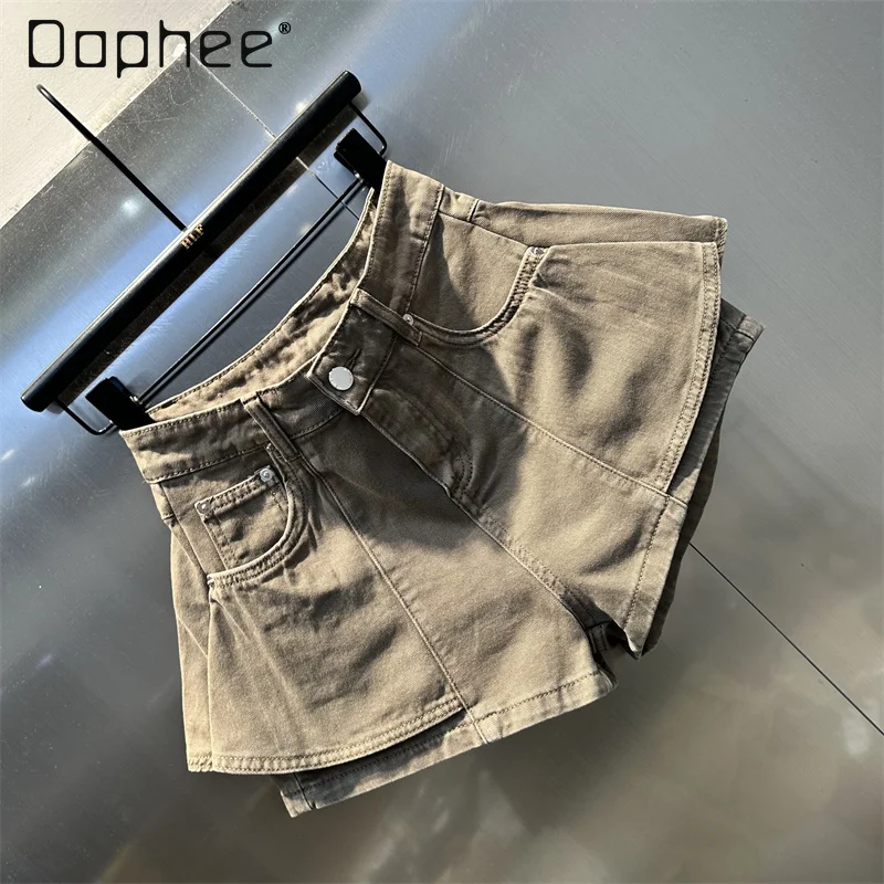 ストリートスパイスガール偽ツーピーススプライシングデニムショーツ女性夏の通勤スタイルファッション無地カジュアル多用途ショーツ