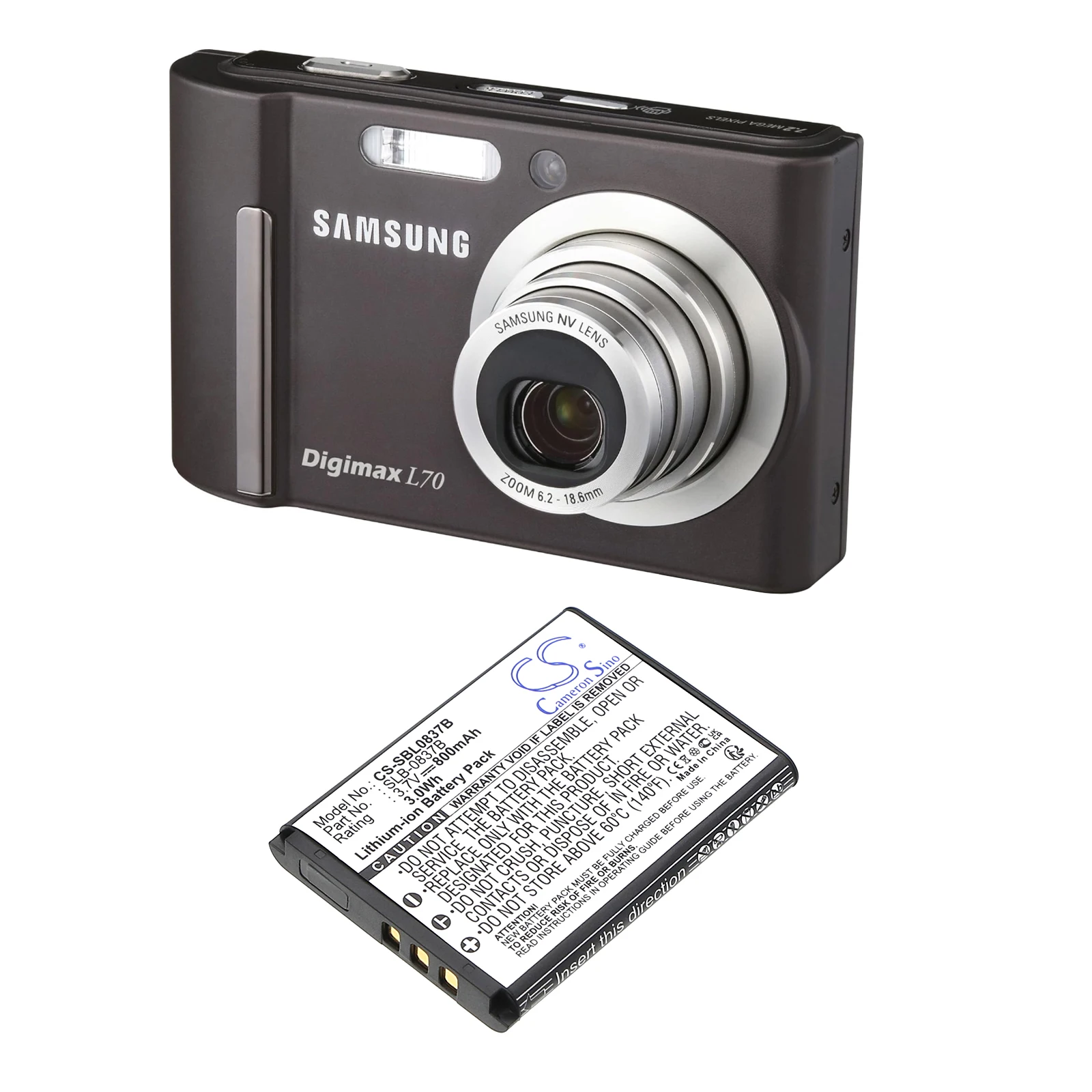 Li-ion Camera Battery for Samsung, 3.7V, 800mAh, Compatible Models: Digimax L70, Digimax L70B, L201, L83T, NV10, NV15, NV20, NV8