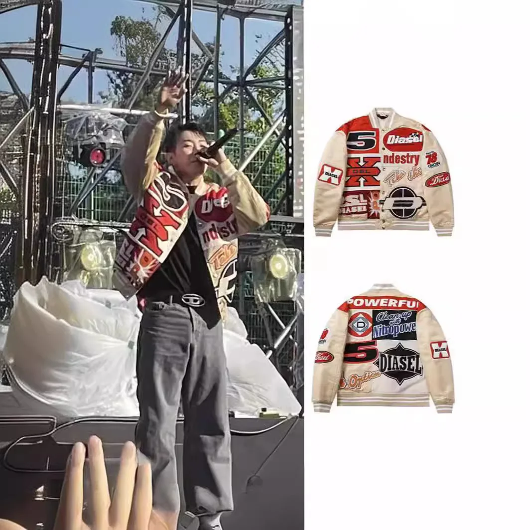 

Loose Heavy Embroidery Baseball Jaet for Couples Hip Hop Sle Cotton Blend Fabric Spring Season ex Long Sve Coat