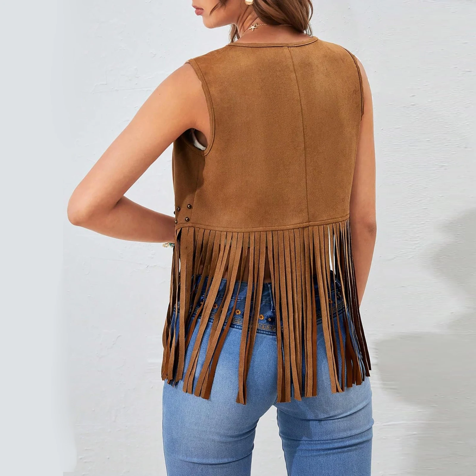 Women's vest aesthetically versatile sleeveless front-open rivet fringed jacket vest, suitable for casual street wear