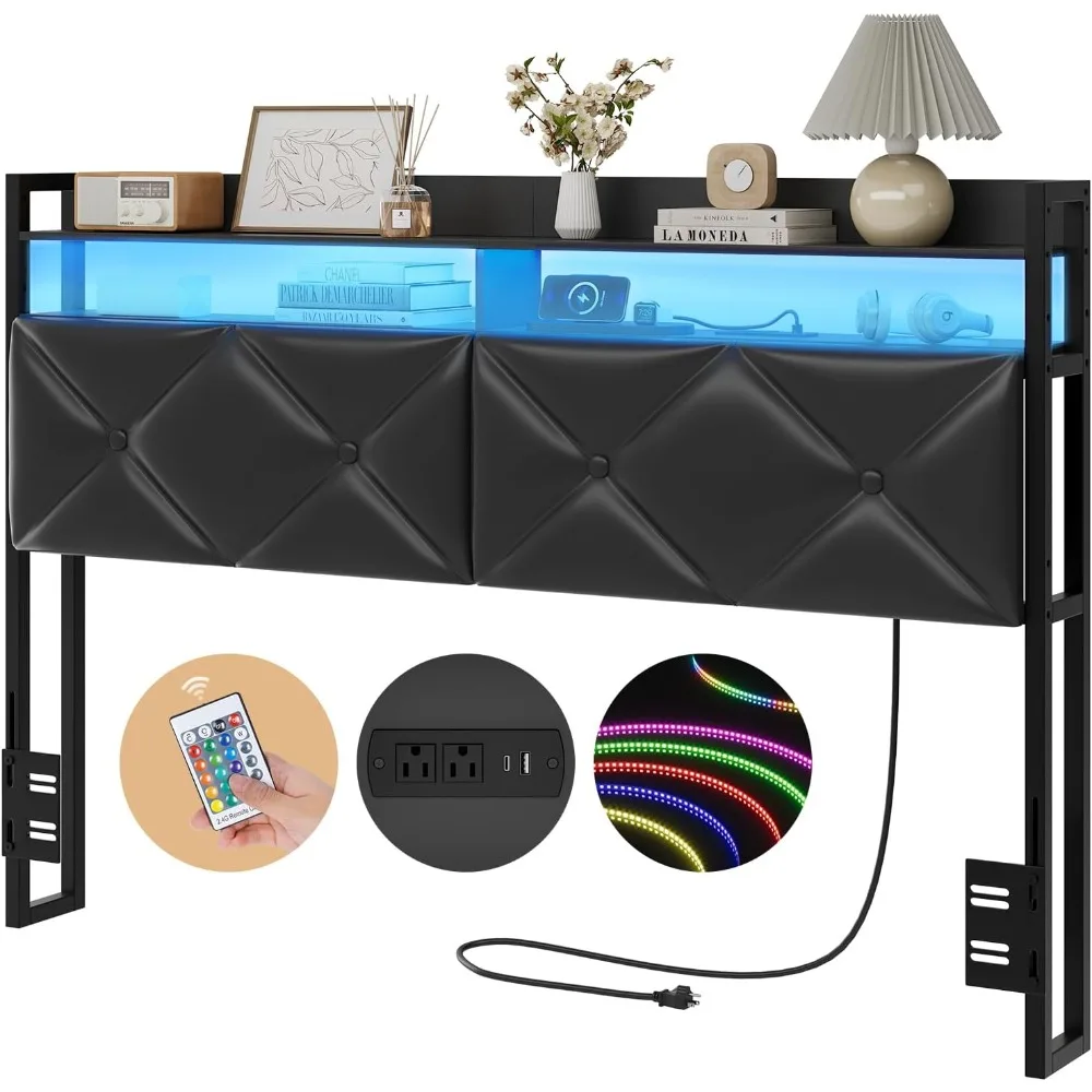 

Headboard Queen Size with 2-Tier Open Storage and LED Light, Upholstered Headboard with Charging Station, Height Adjustable