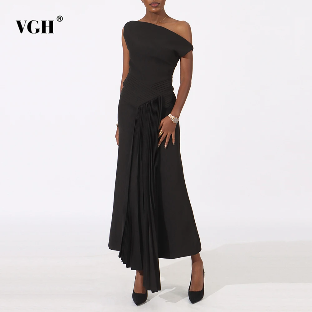 

VGH Temperament Slimming Spliced Folds Long Dresses For Women Strapless Sleeveless Backless High Waist Chic Dress Female Style