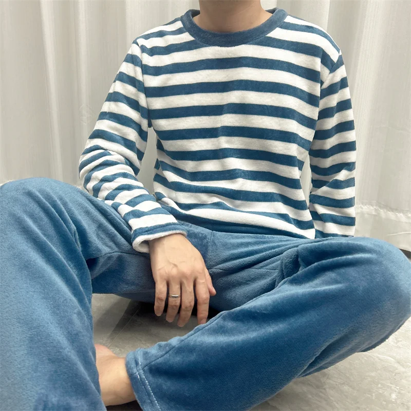 Korean Simple Crew Neck Design Pajamas Set for Men\'s 2024 Autumn Winter New Soft Men\'s Pajamas Long Sleeve Top & Pants Homewear