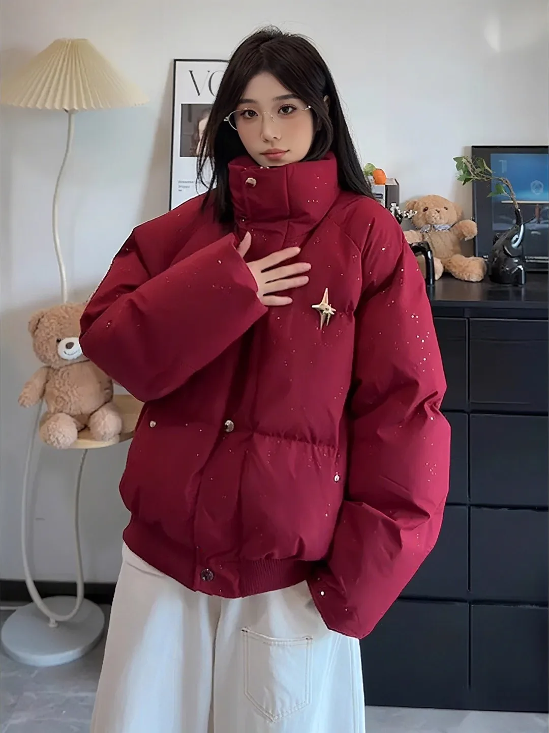 

Red Thiened Workwear down Cotton Jaet Men Women Sle Autumn Winter High Street Bread Sle Stand Collar Cotton Coat