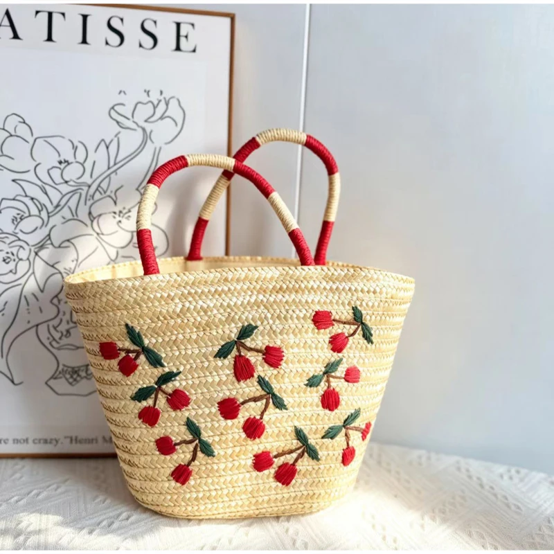 Kokosnuss-Stickerei Strohgewebte Strandtasche, Große Kirsch-Tragetasche, Damen Sommer Casual Urlaubstasche mit Schriftzug – Detail 13