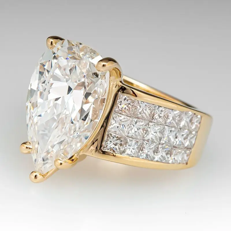 Women's 925 Sterling Silver Gold Color Water Drop CZ Wedding Ring