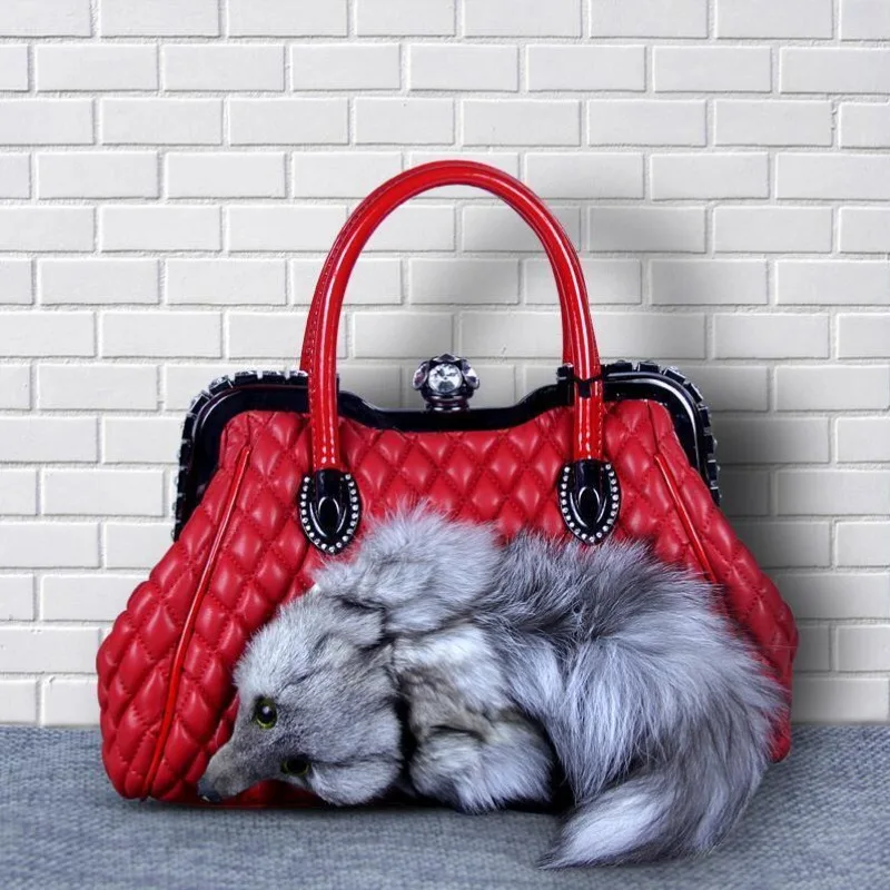 Original Design Fox Echtpelz Handtasche mit Diamant Schulter Umhängetaschen für Frauen Heißer Verkauf – Detail 10