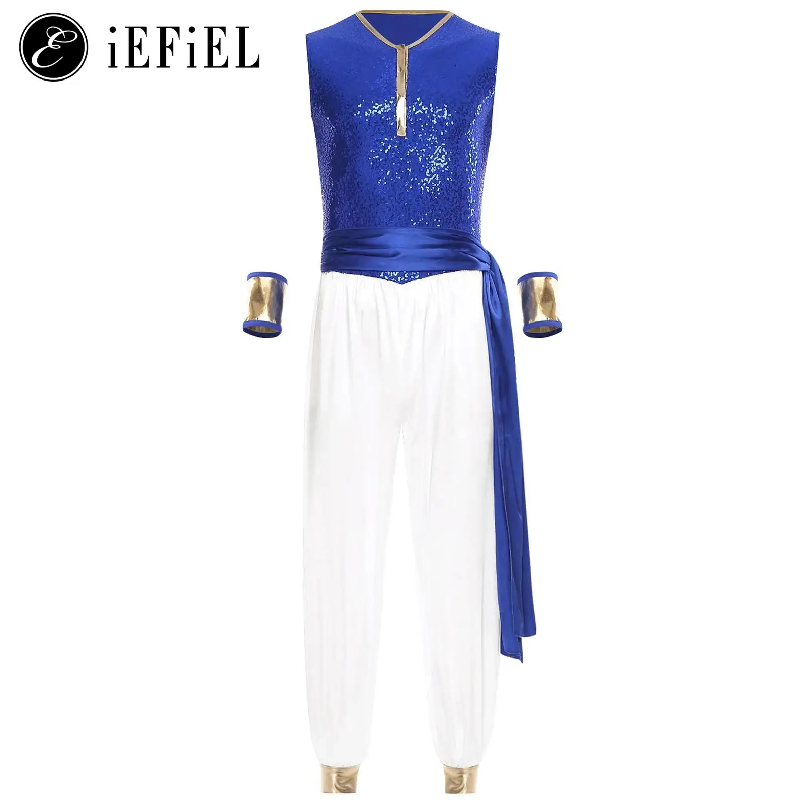 

Man Arabian Prince Street Rats Halloween Cosplay Costume Sequins One Piece Overall Jumpsuits with Wrap Belt Wristband