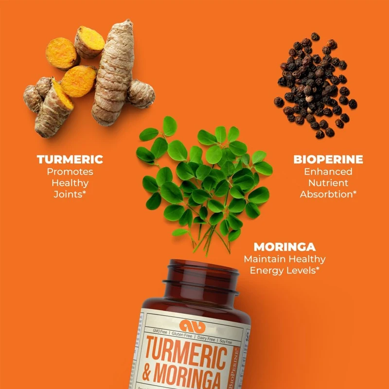 Turmeric, curcumin, and Moringa leaf extract. Used for joints, digestion, and energy. 60 capsules