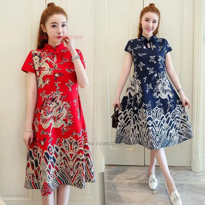 2025 chinese vintage dress qipao national dragon print qipao dress cotton linen improved cheongsam oriental folk a-line dress