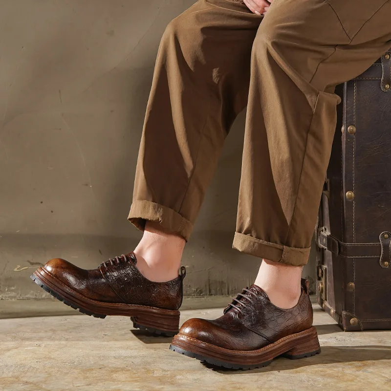 جديد أزياء الرجال حقيقية أحذية جلدية بدون كعب البروغ أحذية فاخرة الراحة نقش شبكي ديربي أحذية ريترو الزفاف حفلة اجتماعية أوكسفورد #5