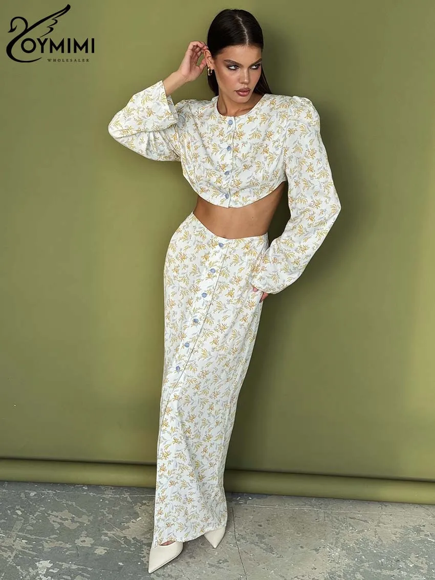 Oymimi Casual White Print Women 2 Piece Set Outfit Fashion Long Sleeve Crop Shirts + Single Breasted Floor-Length Skirts Sets