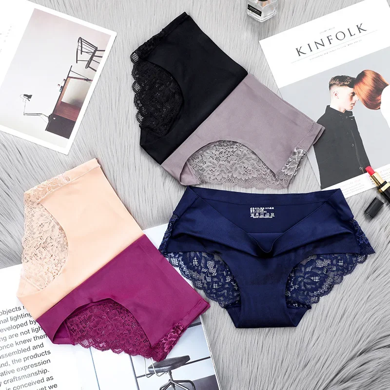1Pcs Soft Women Seamless Panties Luxury Sexy Lace Silk Splice Underwear Breathable Intimate Brief Plus Size Panties image 2