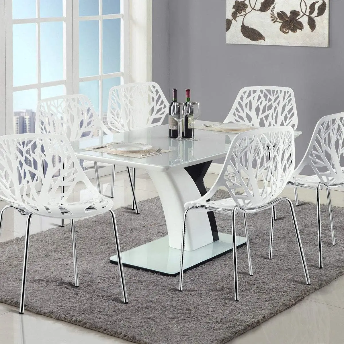 Set of 6 Modern Dining Chairs w/Plastic Feet Pads Stackable Chair Geometric Style Furniture Dining Side Chairs (6 packs, White)