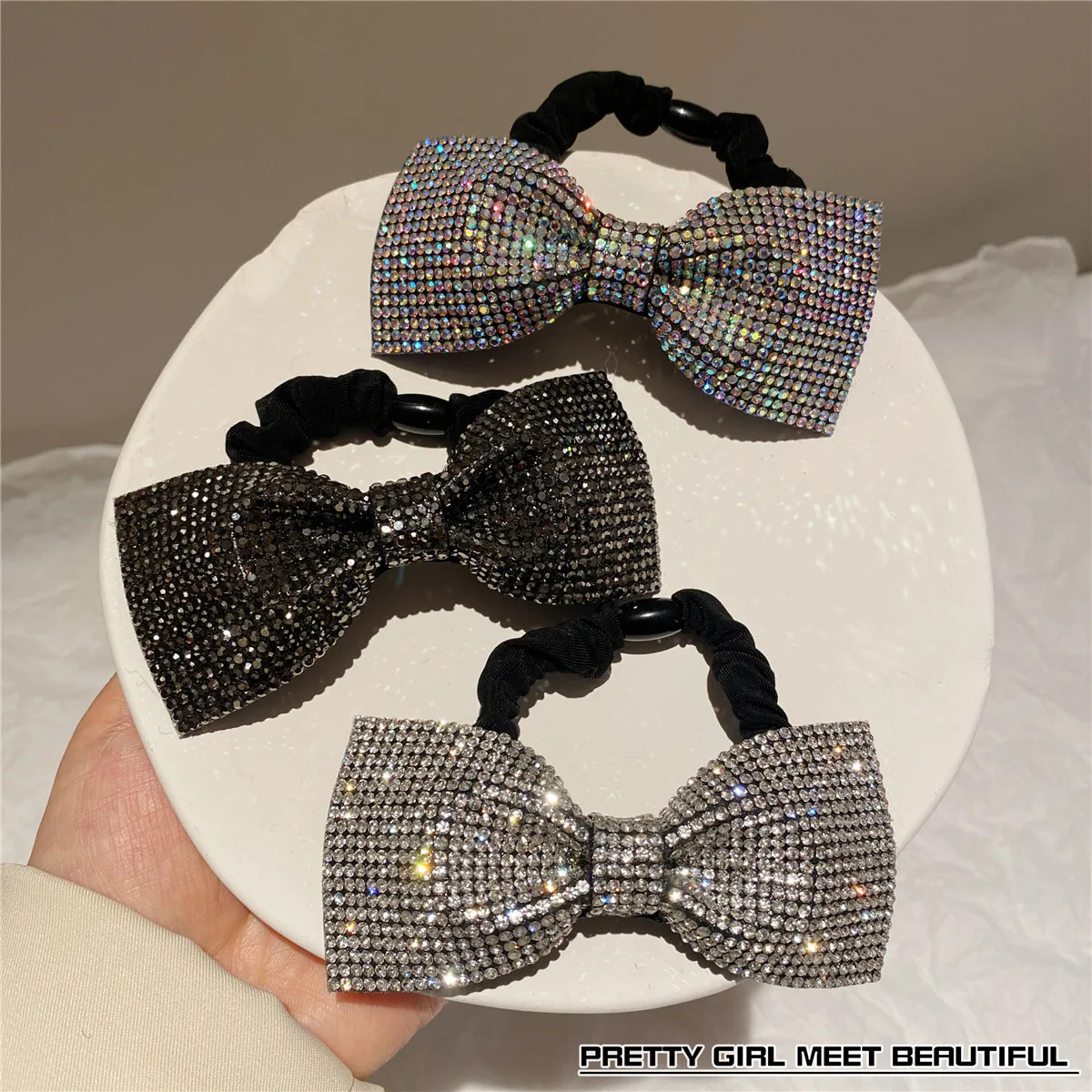 Sparkling Diamond Bow Knot Hair Ring Butterfly Large Intestine Hairtie Ponytail Elastic Rubber Band Hair Rope Hair Accessories