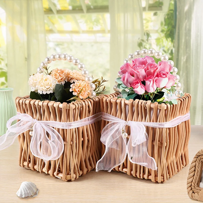 Woven Storage Basket Handle And Ribbon,Wedding Flower Girl Baskets Wicker Rattan Flower Basket For Home Garden Decor 15 X 15Cm