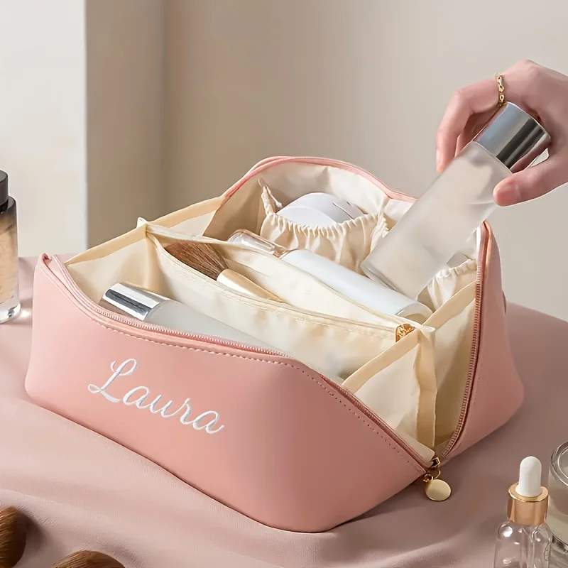 Embroidered Custom Large Capacity Women'S Makeup Bag, Personalized Name Travel Toiletry Organizer with Multiple Compartments