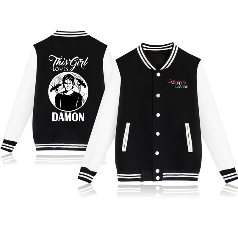 New Hot the Vampire Diary Printing Baseball Uniform Jacket Men Women Y2k Hip Hop Clothing Fleece Warm Sportswear Oversized Coat