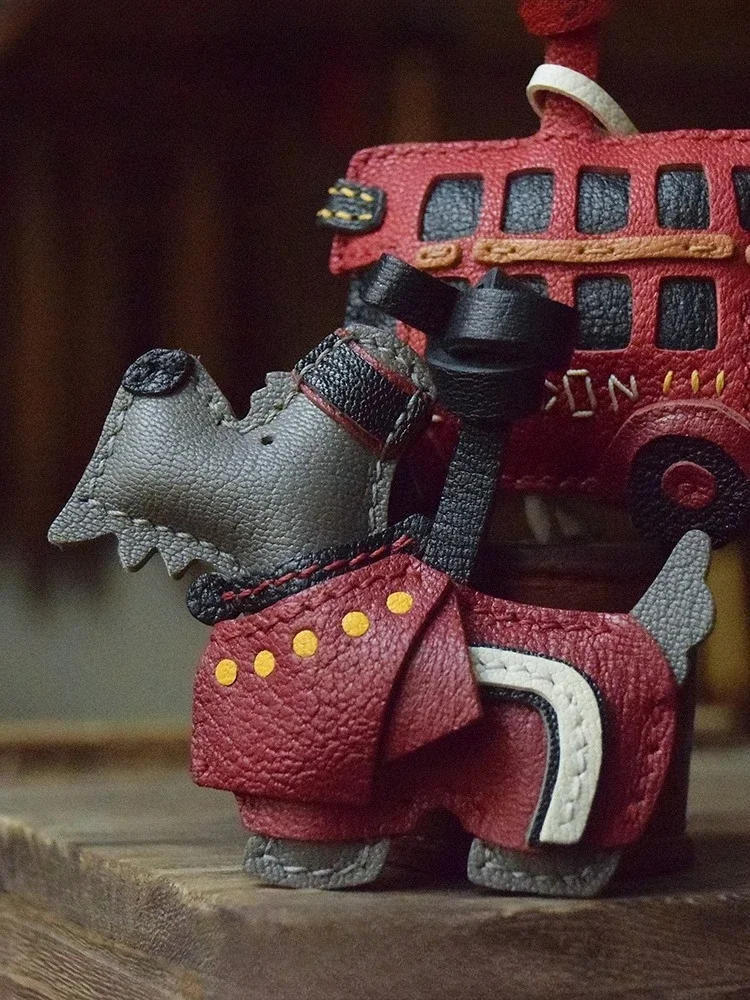 Vintage British Style Cute Dog Real Sheepskin Genuine Leather Keychain, Car Accessories, Bag Charm, Rearview Mirror Hanging Orna