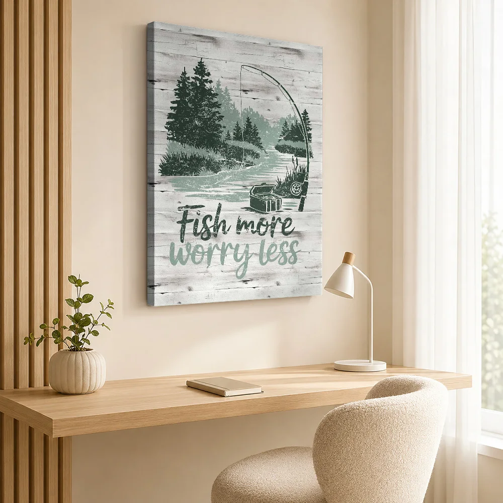 Fish More Worry Less Quote Gallery Wrapped Canvas Print Customized Photo Vintage Graphic Design Wall Art For Cabin Birthday Gift