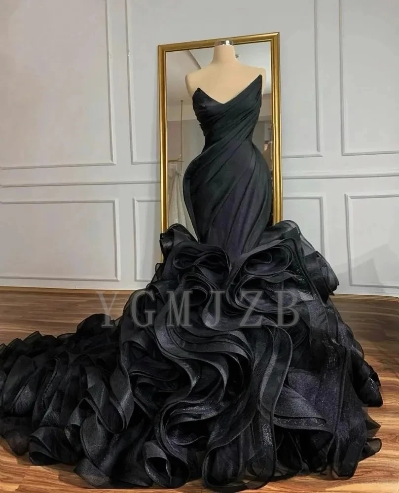 Customized Black Wedding Dresses Luxury Mermaid Plus Size Lace Up Pleat Ruffles Bottom African Bride Gowns Vestidos De Noiva
