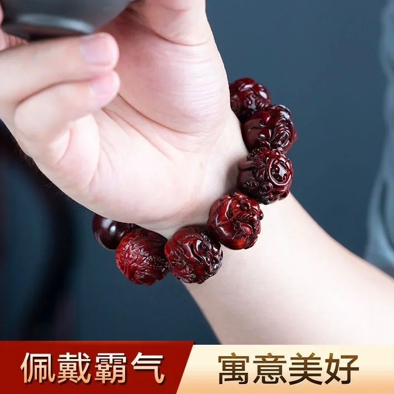 Natural Lobular Red Sandalwood Bracelet Longsheng Jiuzi Hand-carried Buddha Beads Men's Year of Life Transfer Beads Bracelet