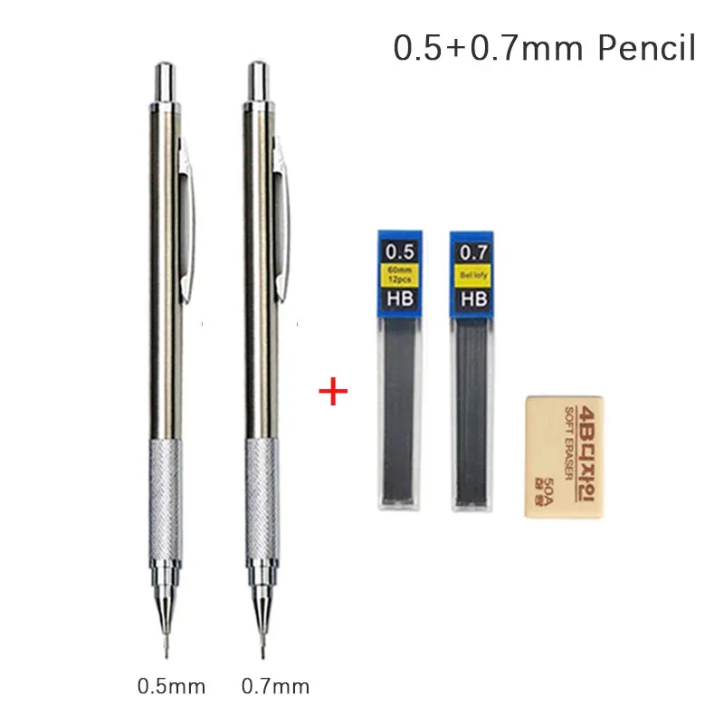 0,3 0,5 0,7 0,9 1,3 2,0 mm Druckbleistift-Set, Vollmetall, Kunst, Zeichnung, Malerei, automatischer Bleistift mit Minen, Büro, Schulbedarf