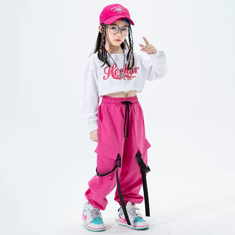 Sweat-shirt court blanc pour filles, pantalons Y-Jooger, olympiques de danse jazz, vêtements de compétition pour enfants et adolescents, vêtements de danse hip hop