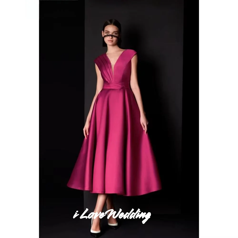 

Rose Red V-Neck Prom Dress 2025 Satin Sleeveless Backless A-Line Tea-Length Evening Dress Pleated Wedding Party Dress Customized