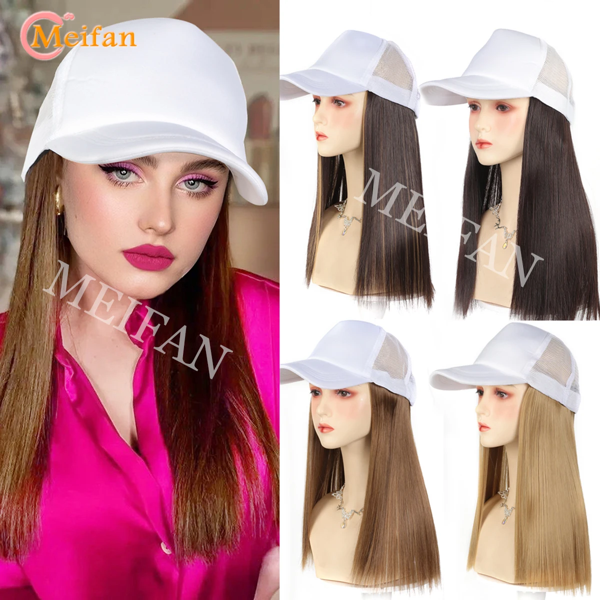 Hat Wigs Synthetic Long Straight Hair White Baseball Hat Wigs For Women Hat Hair Extension Black Brown Blonde Hairpiece Everyday